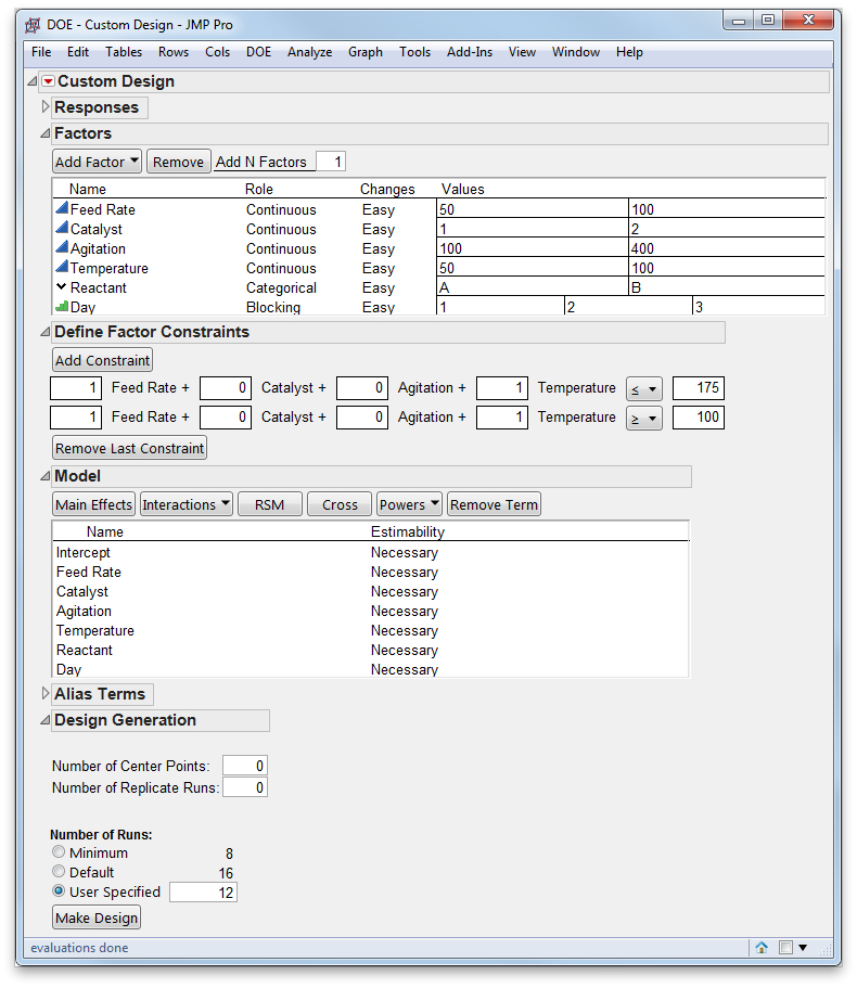 Custom Design dialog box in JMP