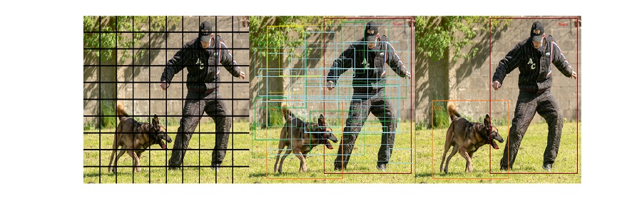 画像内の人間と犬を検出するためにグリッドを使用する際の3つのステップ