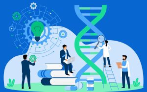 Graphic of people in suits and lab coats, books, DNA symbol, gears, lightbulb