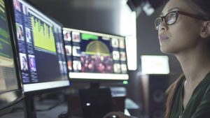 Woman viewing big data stored on cloud