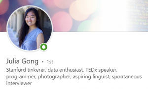 Screenshot of Julia Gong's LinkedIn summary