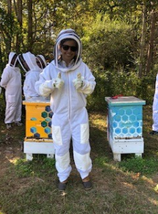 Alyssa (author) wearing a bee suit