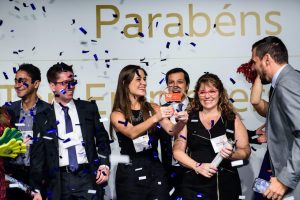 SAS employees celebrating a company award 