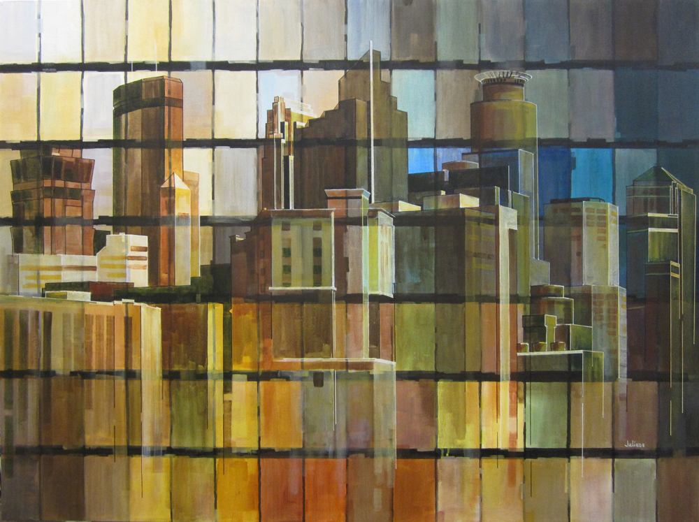 Minneapolis Skyline. Wood, glass and metal mosaic by Juliana Craig