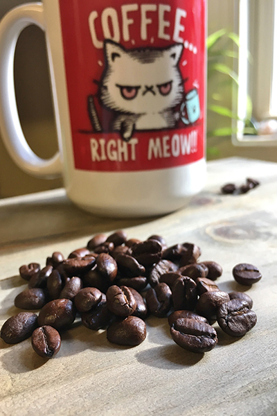 coffee beans in foreground with red and white coffee right meow mug in background