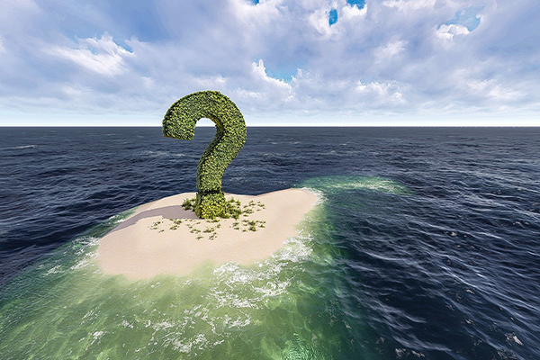 green question mark on a sandbar in the ocean