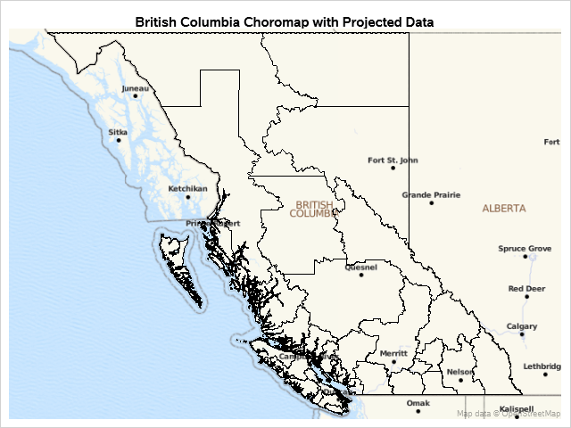 British Columbia with projected values on OpenStreetMap