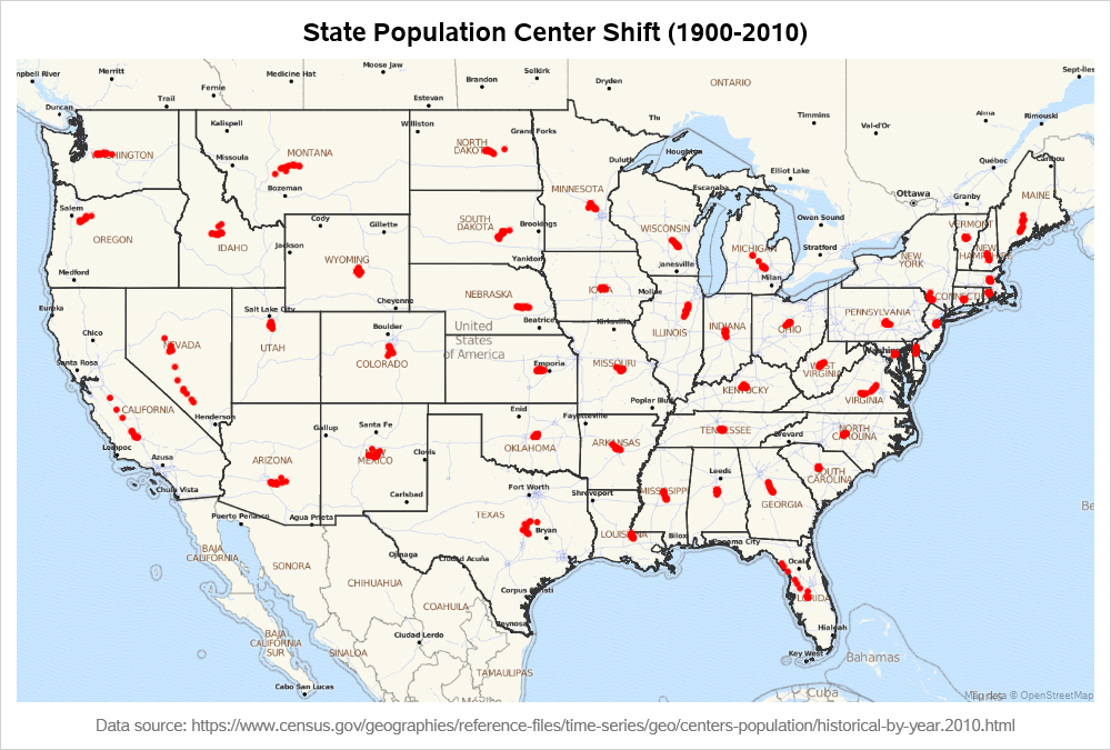 Historical state centers of population in the US (1900-2010 ...