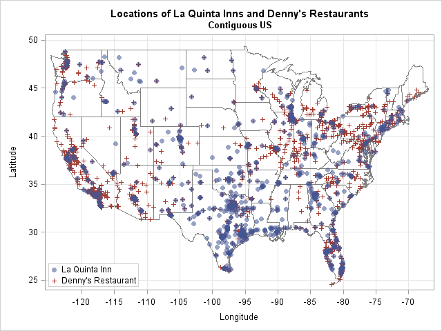 Locations of La Quinta Inns and Denny's restaurants