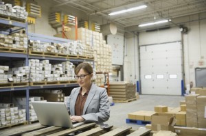 business worker on laptop in warehouse