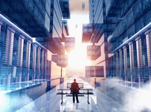 Man at desk on floating platform surrounded by data