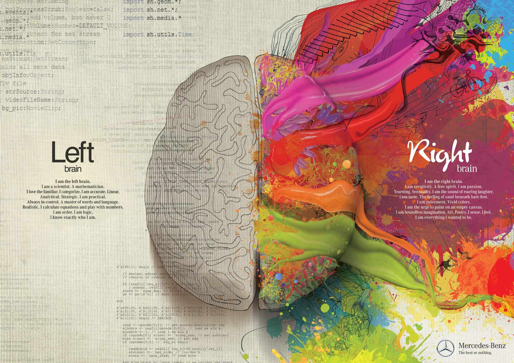 Mercedes ad depicting left and right brain functions