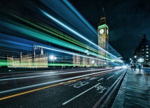 Lights streaking across city highway