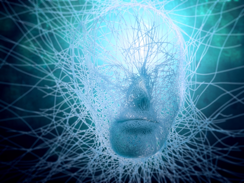Artificial Intelligence networks surrounding a human head
