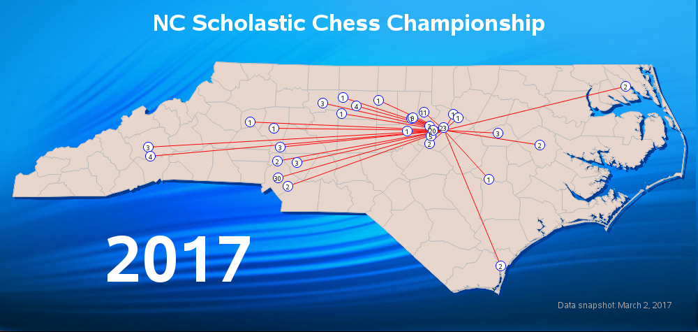 Map of participants in the NC Scholastic Chess Championship