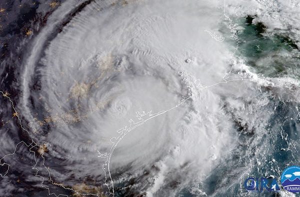 satellite image of Hurricane Harvey making landfall near Houston