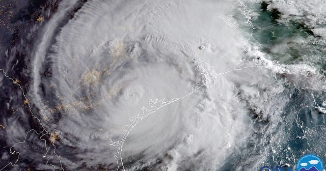 satellite image of Hurricane Harvey making landfall near Houston