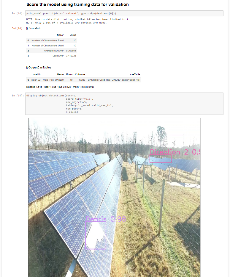 Jupyter Notebook showing model scoring and image of solar panels with object detection