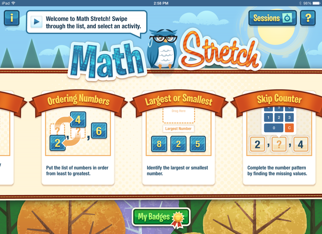 Math Stretch screenshot showing three activities