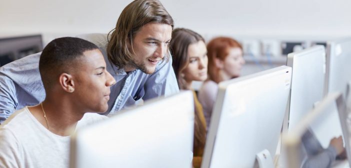 students in front of computer, students learning