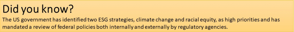 Did you know? The US government has identified two ESG strategies, climate change and racial equity, as high priorities and has mandated a review of federal policies both internally and externally by regulatory agencies.