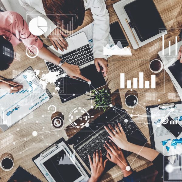 Imaginative visual of business people and financial firms staff . Concept of human resources , enterprise resource planning ERP and digital technology .