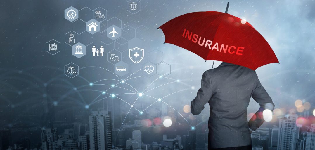 Insurance concept, Businessman holding red umbrella on falling rain with protect with icon business, health, financial, life, family, accident and logistics insurance on city background