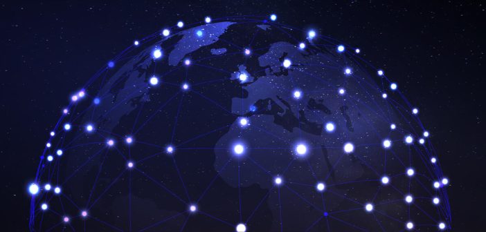 Global Communications Network A Digital Background Design, interconnected nodes mesh-like structure around earth map for tech business design, cyber network, global information systems, cyber connect