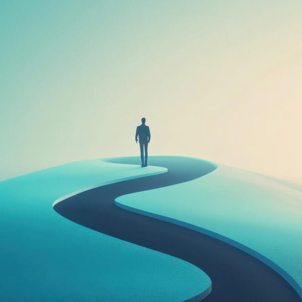 A silhouette of a business person taking a winding path. Opportunity and choice concept.