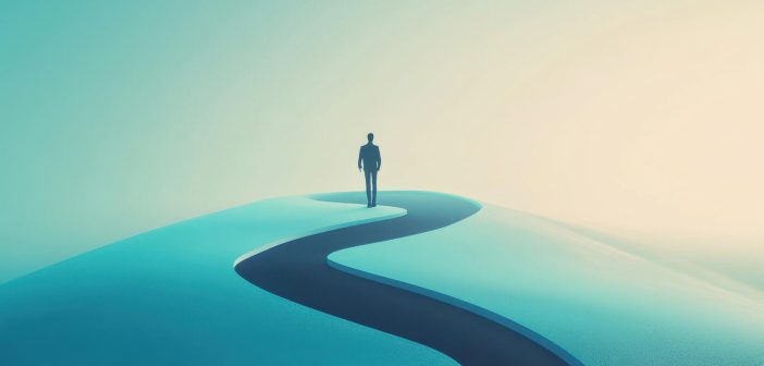 Choose your own adventure: Business edition A silhouette of a business person taking a winding path. Opportunity and choice concept.