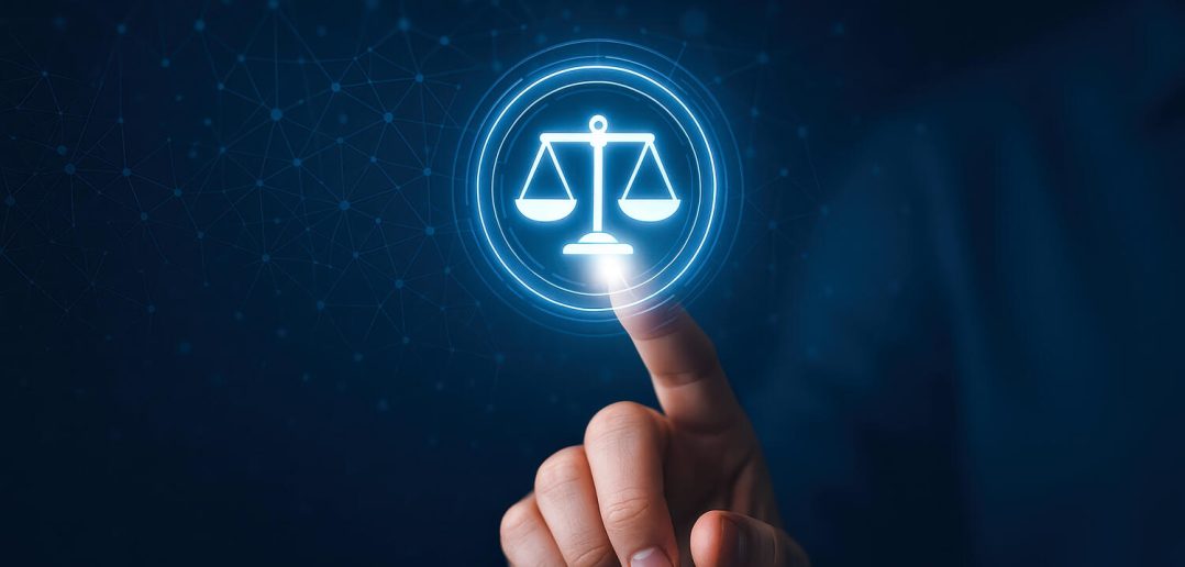 A concept of law and justice merges with technology as finger touches glowing cyber law scale symbol representing lawyer services and ai in law innovation