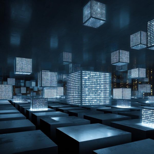 Business background featuring quantum computing server room glowing qubit cubes floating mathematical patterns futuristic business analytics grid no people