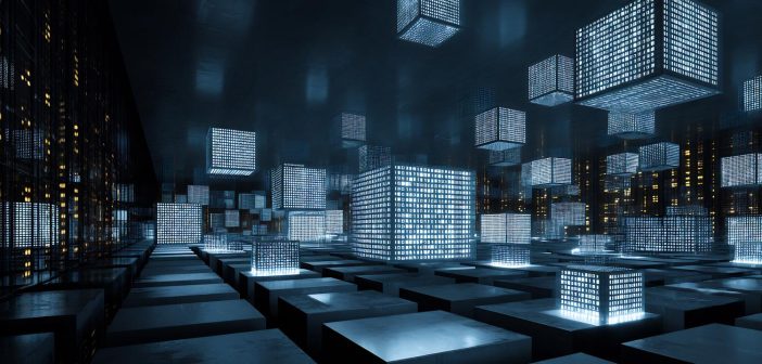 Business background featuring quantum computing server room glowing qubit cubes floating mathematical patterns futuristic business analytics grid no people