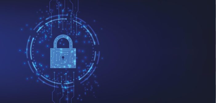 digital padlock with virtual screen on dark background with copy space. cyber security technology for fraud prevention and privacy data network protection concept