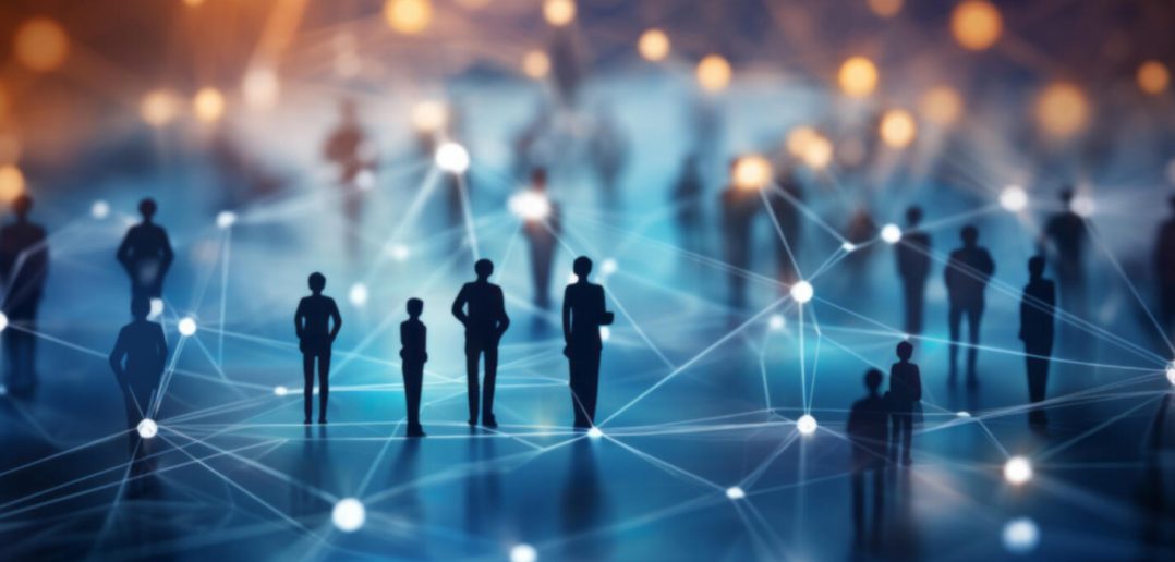 View of a crowd with a network of connections. Big data, smart city, wifi concept