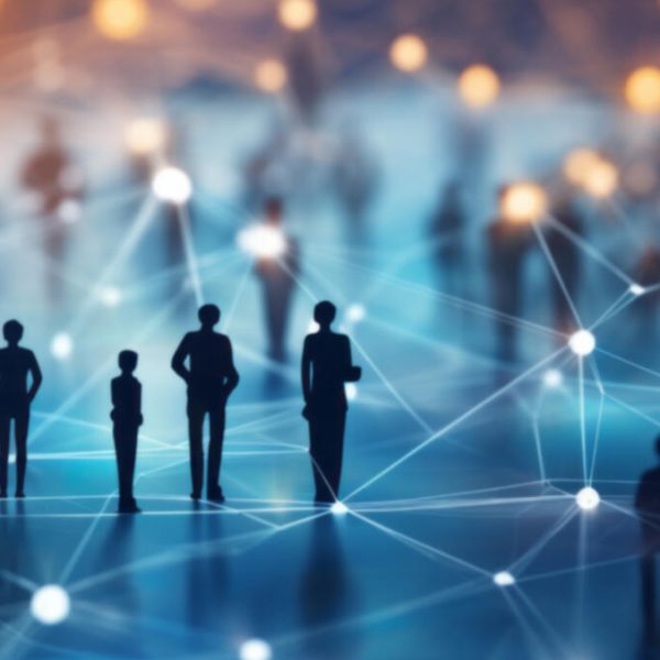 View of a crowd with a network of connections. Big data, smart city, wifi concept