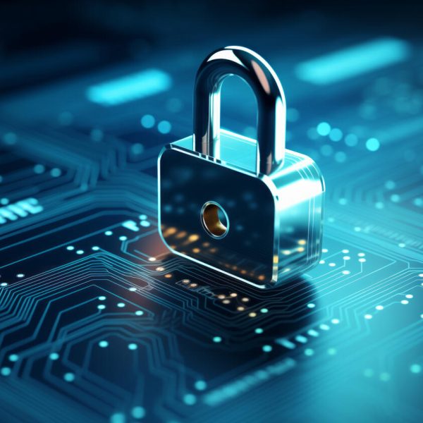 Digital padlock for computing system on dark blue background, cyber security technology for fraud prevention and privacy data network protection concept