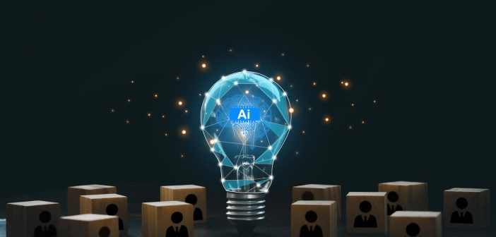 Artificial intelligence innovation. AI adoption and working. AI with a digital brain in a lightbulb with human icons in wooden blocks for AI vs human competition. manage personnel in the organization