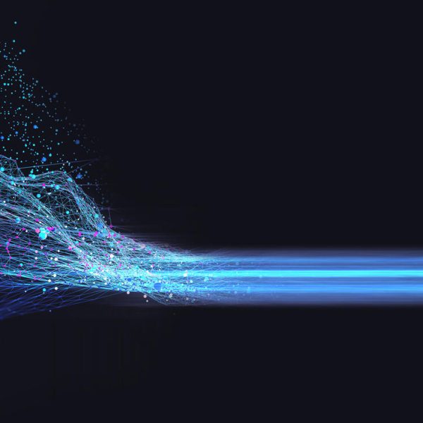 Neural network 3D illustration. Big data and cybersecurity. Data stream. Global database and artificial intelligence. Bright, colorful background with bokeh effect