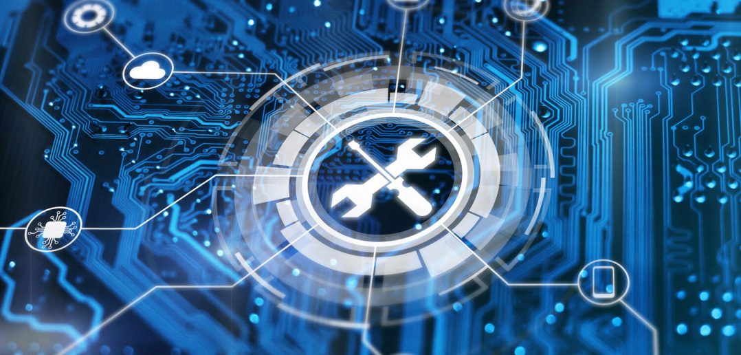 Technical support concept. Maintenance sign wrench and srewdriver tools. Tech issues fix service.