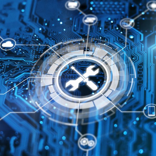 Technical support concept. Maintenance sign wrench and srewdriver tools. Tech issues fix service.