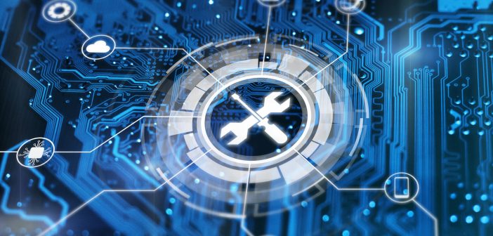 Technical support concept. Maintenance sign wrench and srewdriver tools. Tech issues fix service.