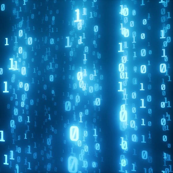 Digital lines of binary code, glowing neon style, binary data background, blue color