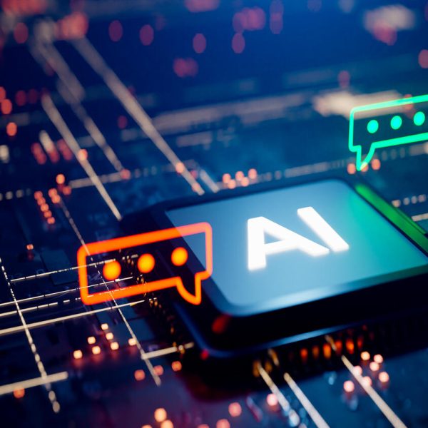 Conceptual image with a speech bubble next to an interactive AI CPU. 3d rendering