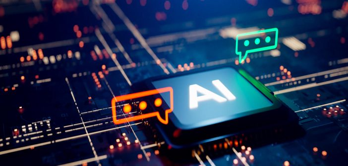 Conceptual image with a speech bubble next to an interactive AI CPU. 3d rendering