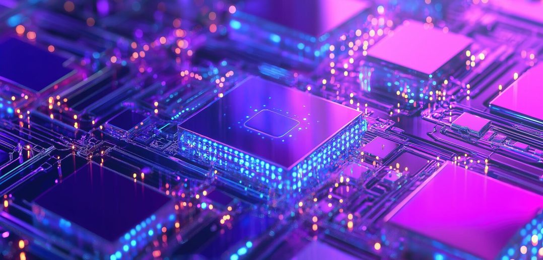 Futuristic Purple Glowing Microchip on Circuit Board | Precision IC Design for AI Hardware Visualization / Semiconductor Education / IoT Device Display