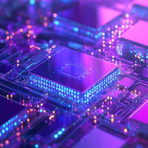 Futuristic Purple Glowing Microchip on Circuit Board | Precision IC Design for AI Hardware Visualization / Semiconductor Education / IoT Device Display