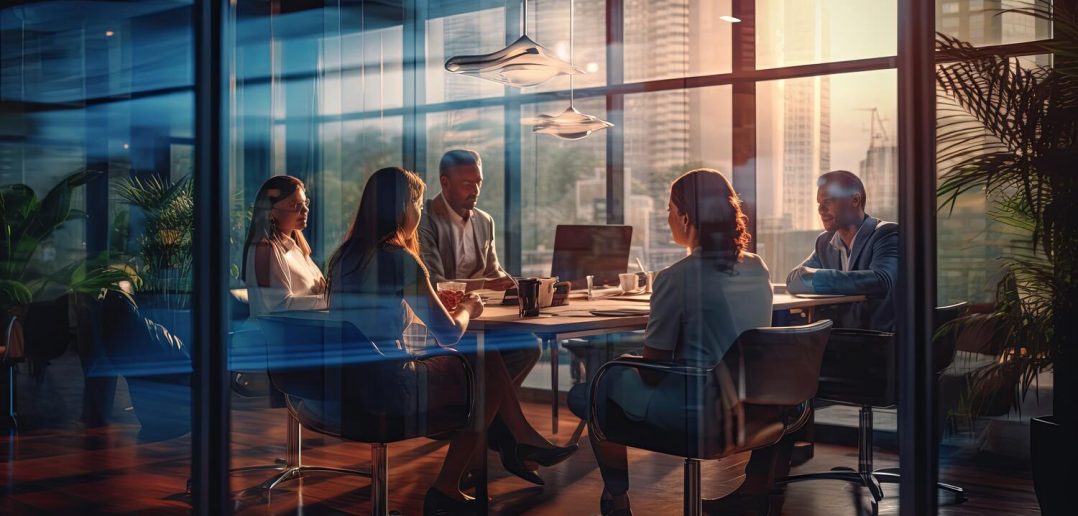 business formal meeting conference discussion with coworker shareholder or client concentrate private ideas data report analysis businesspeople working find solution together in office,ai generate