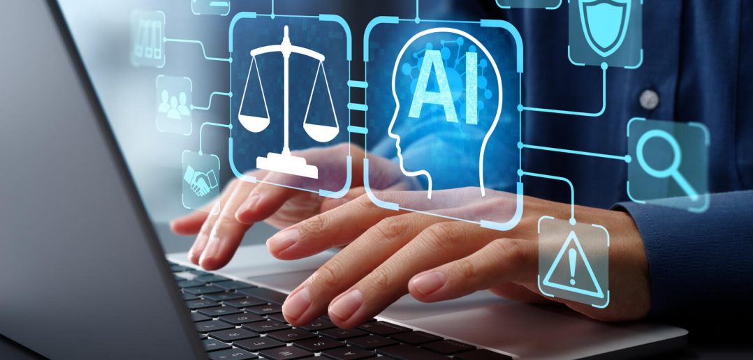 AI Compliance check system and technology. Automated monitoring tool. Business corporate governance. Businessman typing on laptop computer keyboard at desk in office.