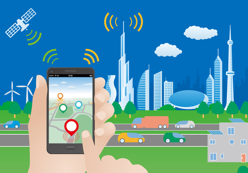 smart city and smart phone application using location information, hand hold smart phone, vector illustration